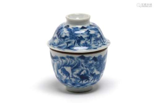 A blue and white porcelain Jibo covered teacup painted to in...