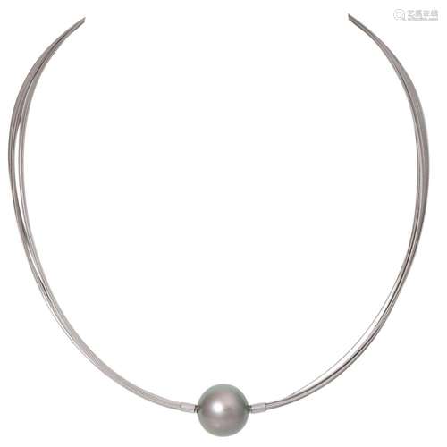 Multi-row steel necklace with a Tahiti cultured pearl as a c...