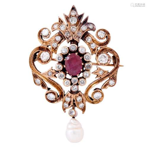 Pendant/brooch with ruby, diamonds and drop pearl,