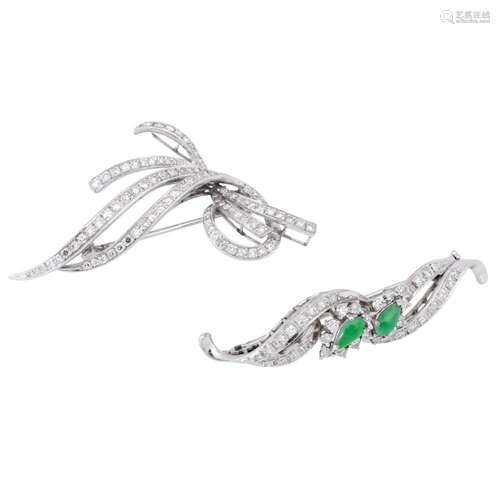 Set of 2 brooches with diamonds total ca. 1,2 ct,