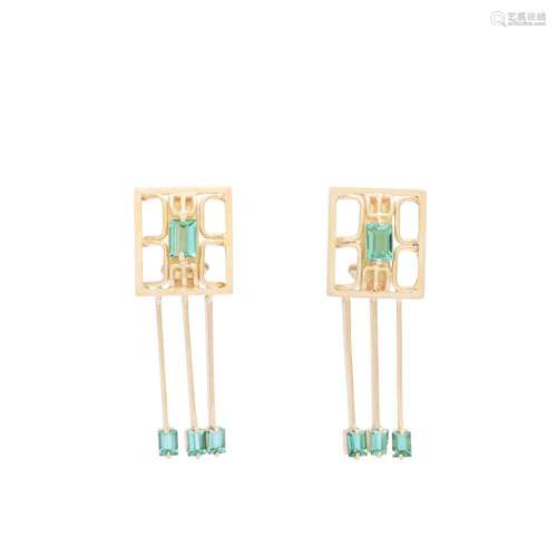 Unique earrings with 8 baguette cut green tourmalines,