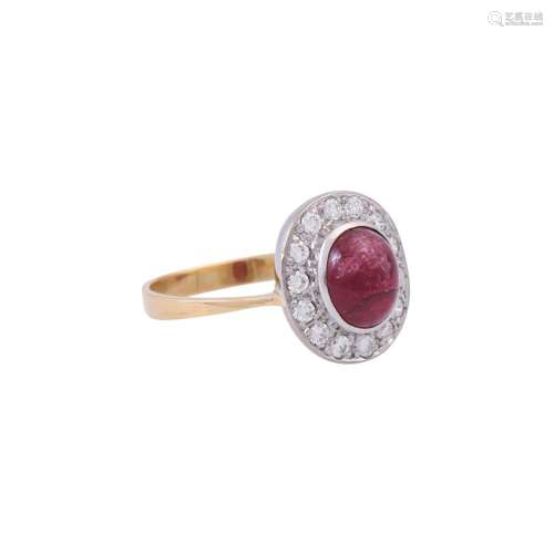 Ring with ruby cabochon and diamonds