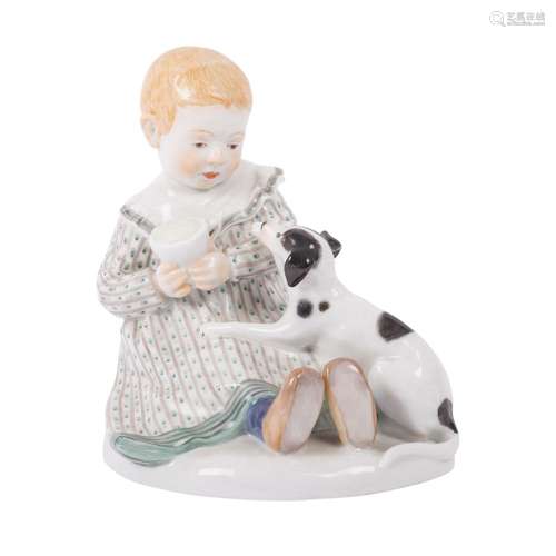 MEISSEN "Sitting child with dog and milk cup".