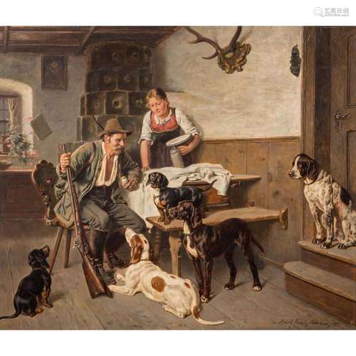 EBERLE, ADOLF (1843-1914) "Hunter with his dogs in the ...