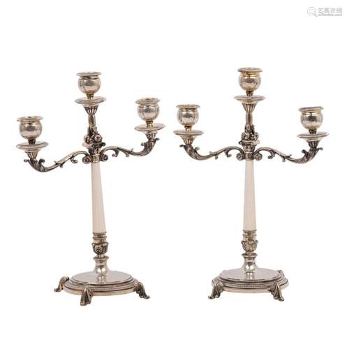 ITALY, Pair of 3-flame candlesticks, 800 silver, 20th c.