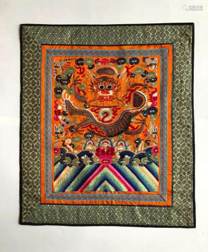 Authentic vintage Chinese silk embroidery tapestry with drag...