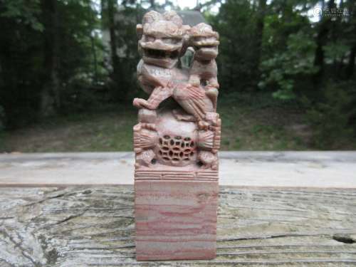 Chinese Mythical carved stone Foo Dogs Figures Statue Seal 1...