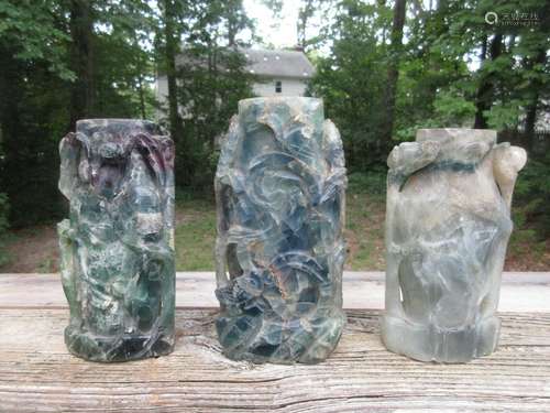 3 Chinese Carved Marble Lamp Base or Candle Holders  6"...