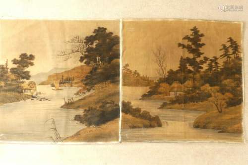 Pair of Vintage Chinese Paintings on Velvet Depicting Lakesi...