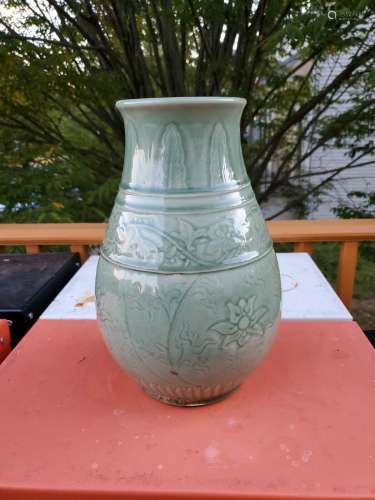 Old Chinese Vase Celadon Glaze Porcelain Carved Floral  Reli...