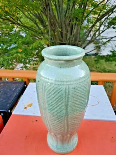Old Chinese Vase Celadon Glaze Porcelain Carved Relief 14...
