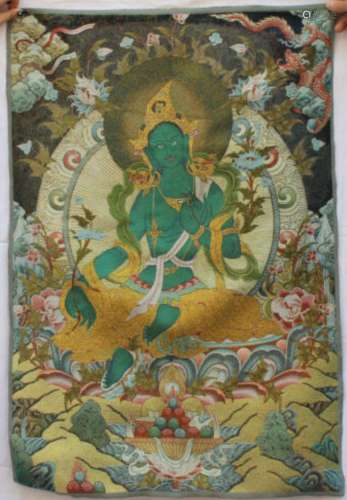 Tibet Buddhism Silk Satin Dragon Green Tara Guan Yin Thangka...