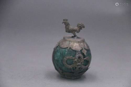 2.2"Collectable Green Jade Armor Tibetan Silver Hand-ca...