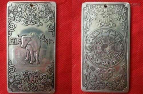 Old Chinese tibet Silver Chinese Zodiac cow Bullion thanka a...