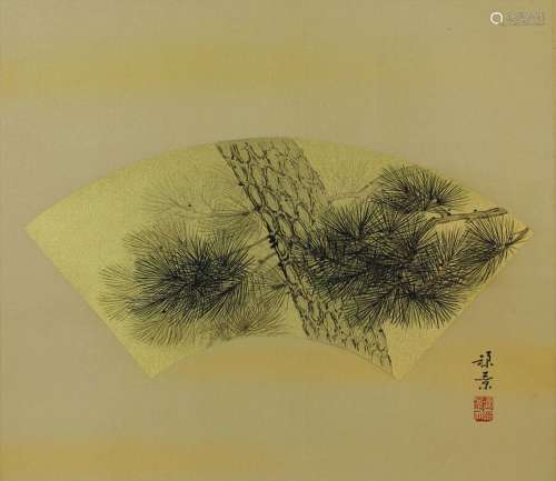 JAPANESE PAINTING HANGING SCROLL FROM JAPAN Fan Gold PINE VI...