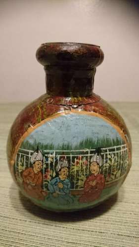 ANTIQUE JAPANESE HAND PAINTED TIN CAN VASE JAR 3 WISE MEN