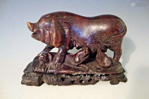 Old Chinese Soapstone Sow w/ Piglets Figurine on Wooden Base...