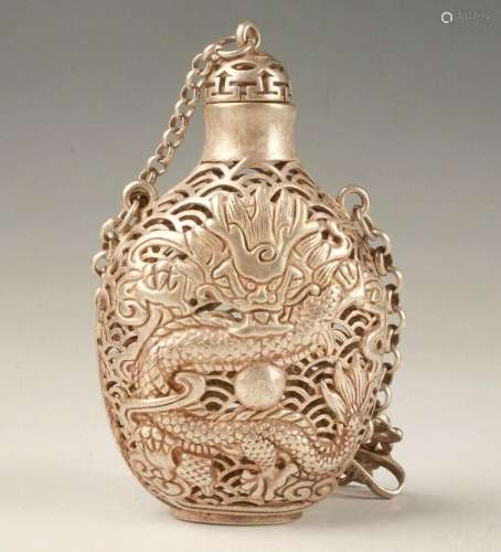 OLD TIBETAN SILVER CARVING DRAGON STATUE SNUFF BOTTLE HOLLOW...