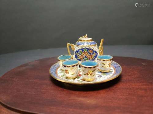 Chinese Miniature Cloisonné Enamel Tea Set: Teapot 4 Cups Tr...