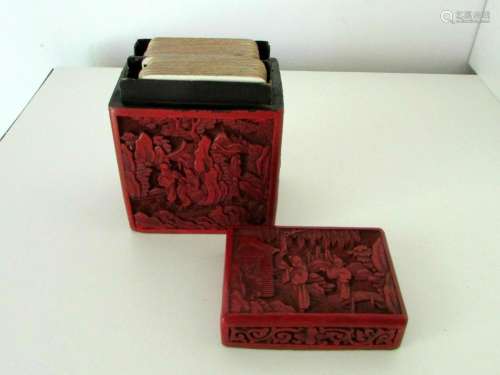 ANTIQUE CHINESE CINNABAR RED LACQUER POCKER PLAYING CARDS HO...