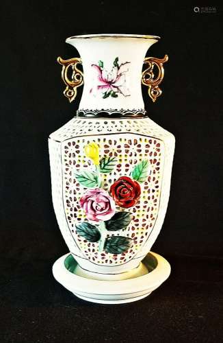 Vtg Porcelain RETICULATED Vase APPLIED 3-D ROSES GOLD ACCENT...