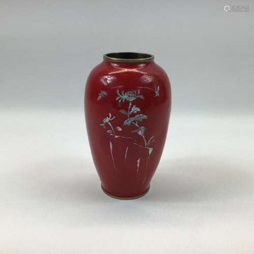 Vintage red lacquer brass flower vase w/ inlaid abalone moth...
