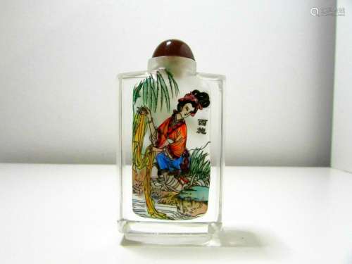 ANTIQUE CHINESE GLASS INSIDE ENAMEL SIGNED SNUFF BOTTLE FLAS...