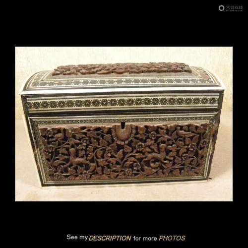 Antique Victorian Hand Carved Teak Tea Caddy