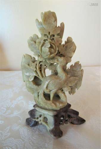 Antique Chinese Soapstone Peacock & Peonies Carving * Ve...