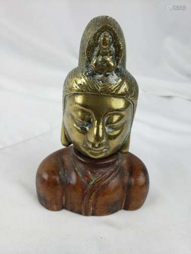 1930s Chinese Bronze Guan Yin Head With wood stand, superb
