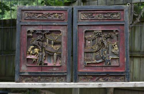 Pair of Antique Chinese Red & Gilt Wooden Carved Panel, ...