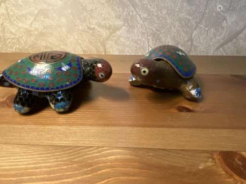 Pair Of Vintage Chinese Cloisonne Enamel Turtle  Trinket Box...