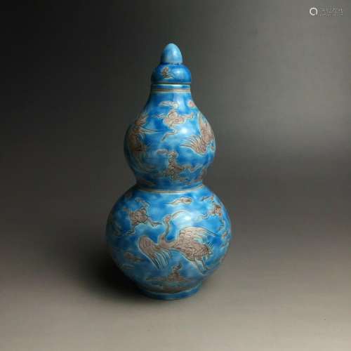 Rare Chinese porcelain Ming blue & grey glaze cranes des...