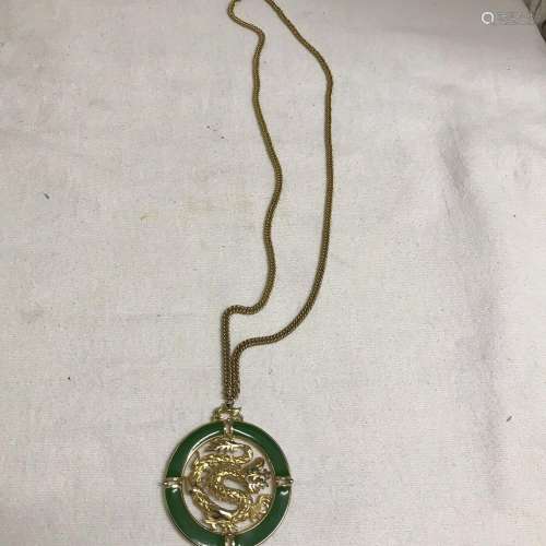 dragon jade green circle pendant necklace, cord “14” long