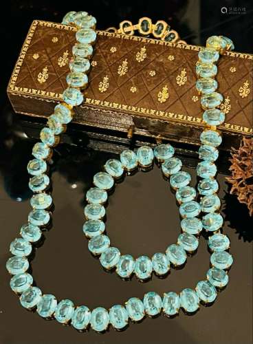 SUPERB ANTIQUE AQUAMARINE CZECH CRYSTALS RIVIERE NECKLACE BR...