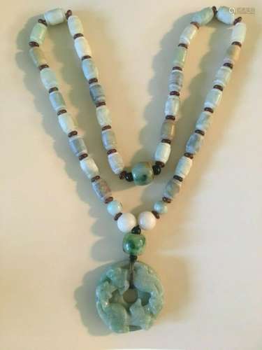 VINTAGE CARVED JADE NECKLACE-CARVED STONE PENDANT GREEN