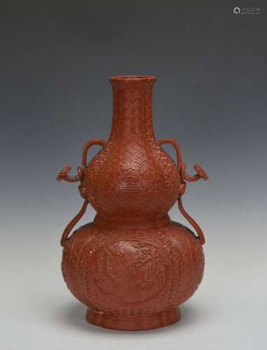 Extremely Rare Chinese Faux Red Lacquer Glaze Carved Double ...