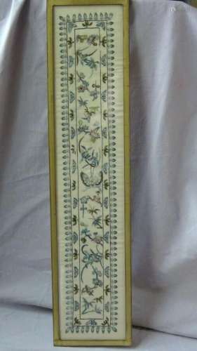ANTIQUE 19c  CHINESE EMBROIDERY LONG FRAMED PANEL A FLOWERS ...