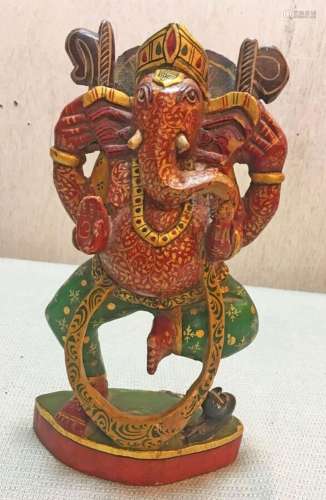 Vintage Wooden Hand Carved And Painted  God Ganesha Idol Fig...