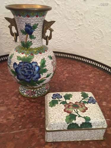 Cloisonné Antique Vase with Brass Flamingo Handles and Clois...