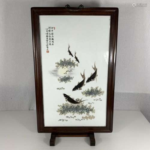 Vintage Chinese 20th Century Porcelain Plaque Carp Fish Sign...