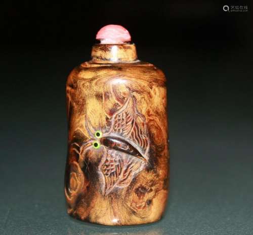 19th/20th century late Qing Gold-rimmed nanmu snuff bottle 4...