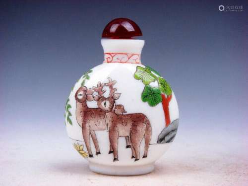 White Enamel Glass Lovely Deer & Trees Hand Painted Snuf...