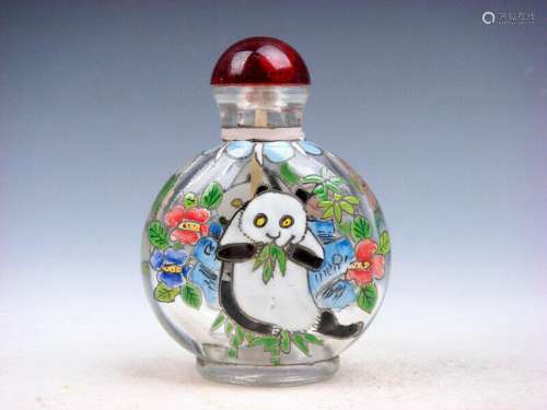 Enamel Glass Chinese Panda Bamboos Flowers Hand Painted Snuf...