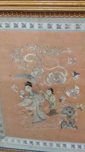 ANTIQUE 19c CHINESE SILK EMBROIDERYOF WOMAN AND CHILD WITH A...