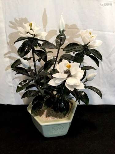 Vintage White Floral Green Jade Leaves Celadon Pot 12" ...