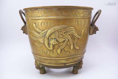 Antique Chinese Brass Tripod Censer Censor Pot w/ Phoenix