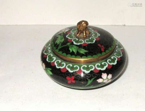 SMALL CHINESE CLOISONNE BLACK ENAMEL FOO DOG BOWL JAR BOX