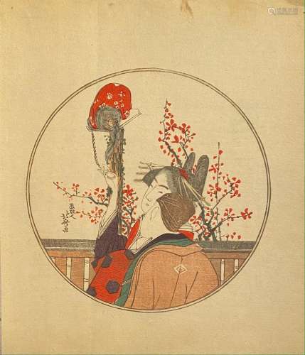 Estampe Japonaise, Surimono d'Hokusai : Bijin Jouant Ave...