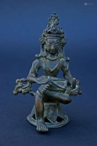 Ancien Népalais Déesse En Bronze Avec Tambour Bouddha Bouddh...